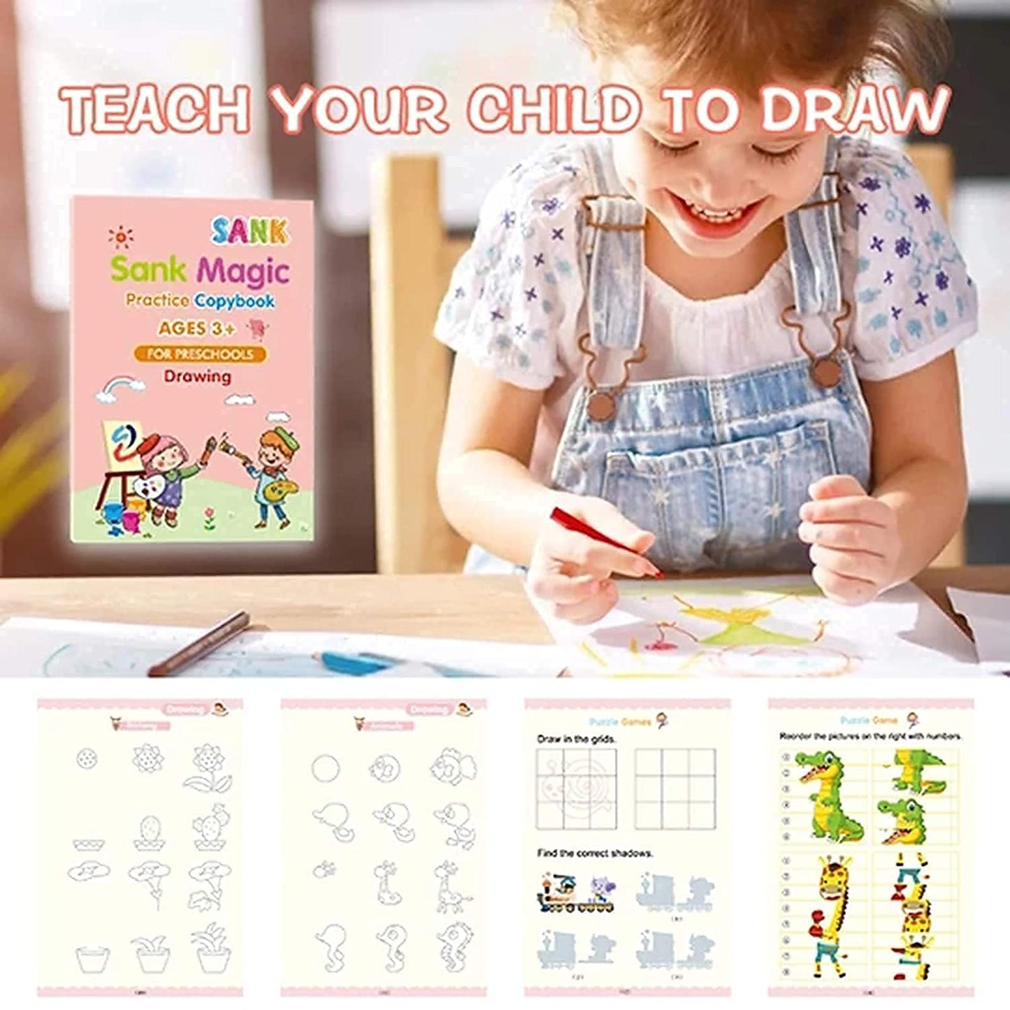 Magic Practice Copybook, (4 BOOK +1 PEN + 5 REFILL) Number Tracing Book for kids with Pen, Magic calligraphy books for kids Reusable Writing Tool