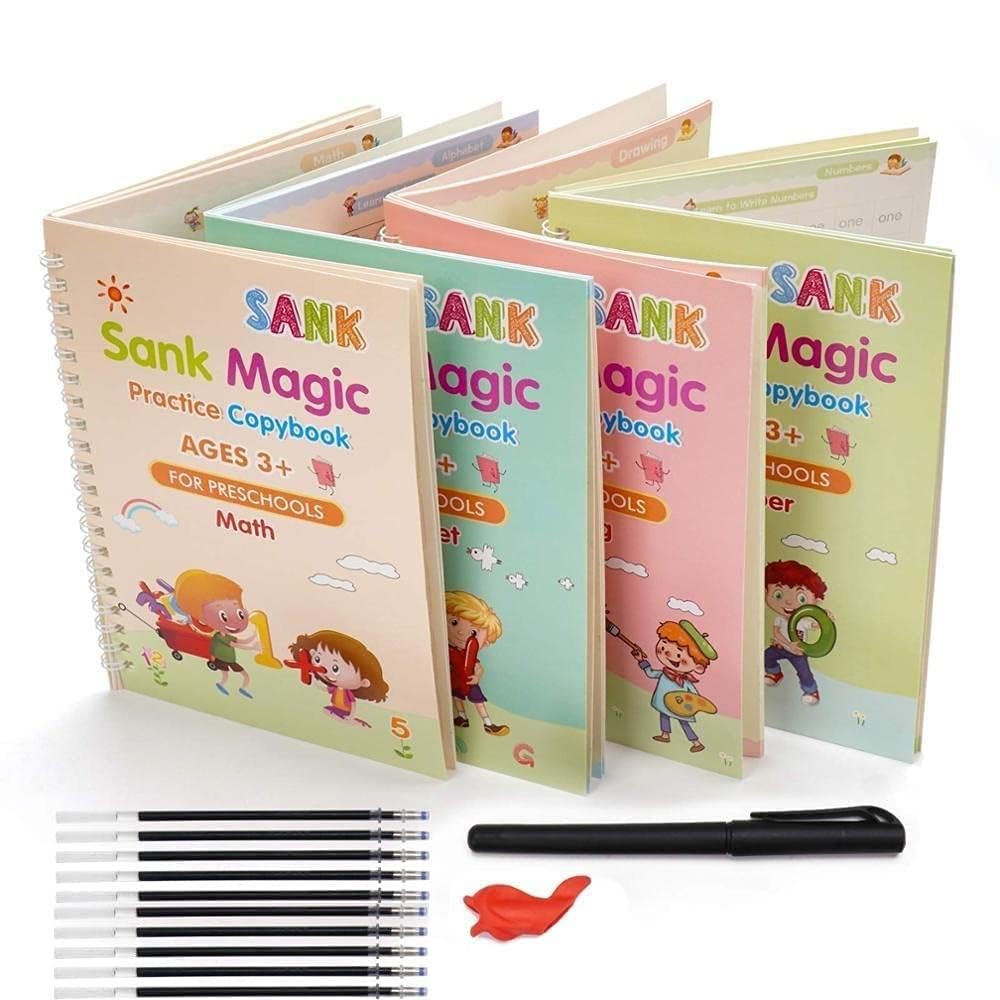 Magic Practice Copybook, (4 BOOK +1 PEN + 5 REFILL) Number Tracing Book for kids with Pen, Magic calligraphy books for kids Reusable Writing Tool