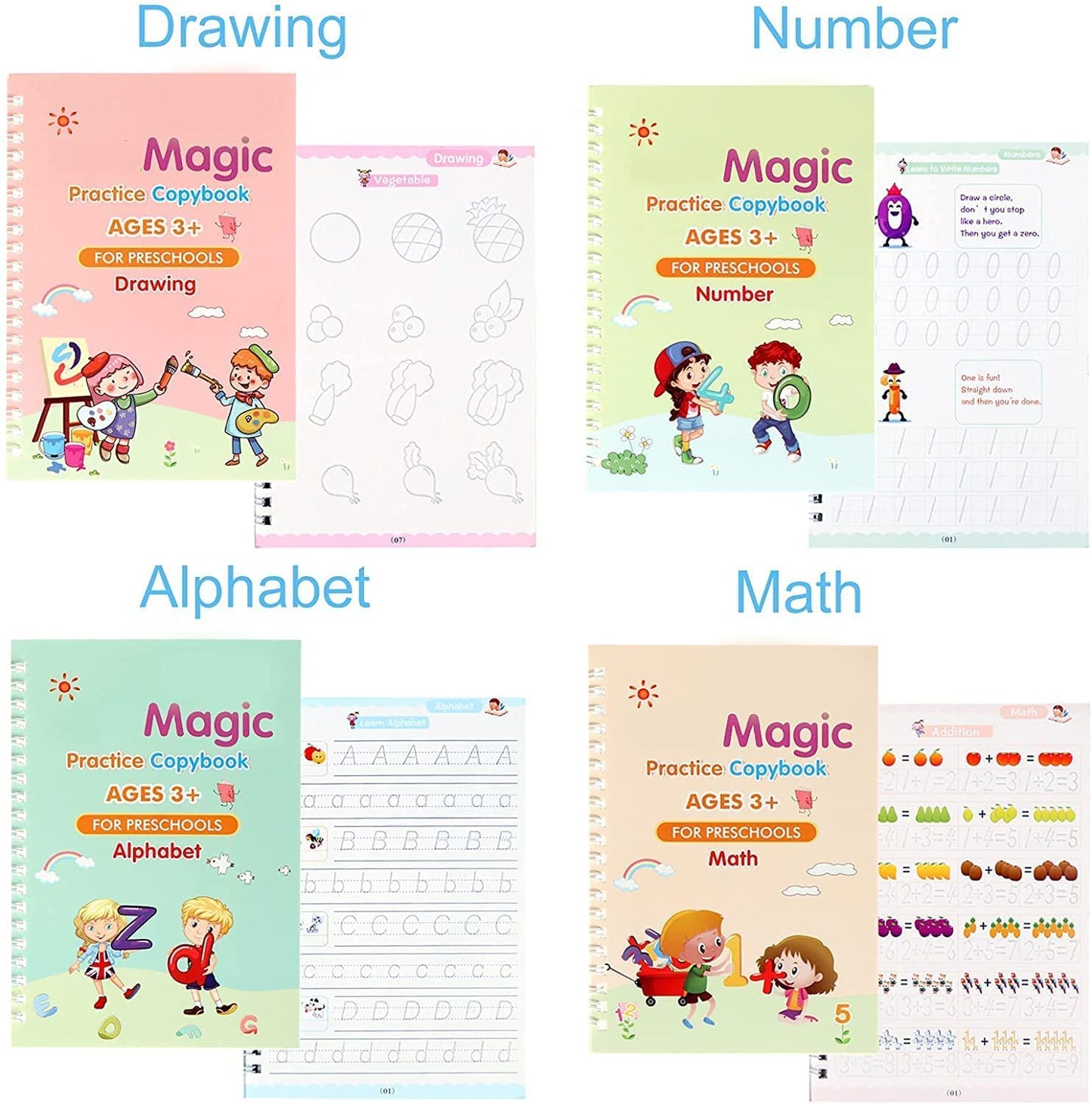 Magic Practice Copybook, (4 BOOK +1 PEN + 5 REFILL) Number Tracing Book for kids with Pen, Magic calligraphy books for kids Reusable Writing Tool