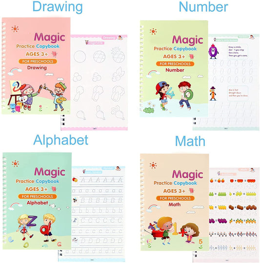 Magic Practice Copybook, (4 BOOK +1 PEN + 5 REFILL) Number Tracing Book for kids with Pen, Magic calligraphy books for kids Reusable Writing Tool