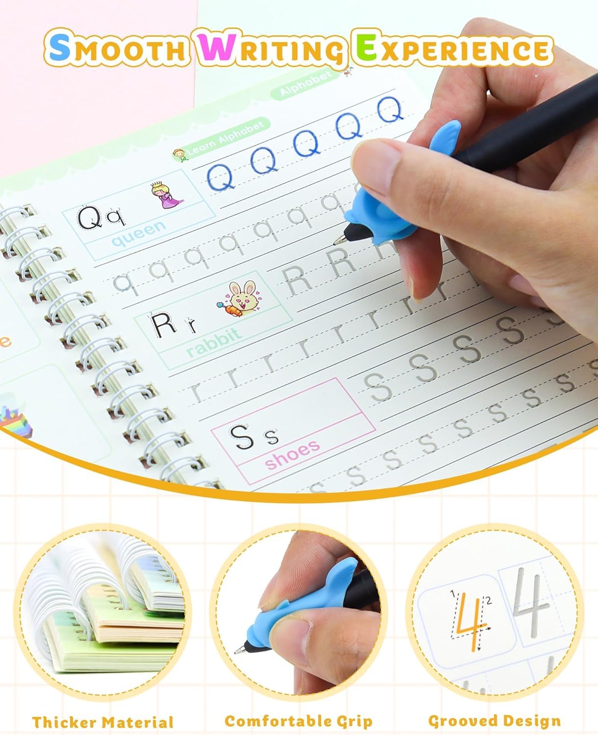 Magic Practice Copybook, (4 BOOK +1 PEN + 5 REFILL) Number Tracing Book for kids with Pen, Magic calligraphy books for kids Reusable Writing Tool